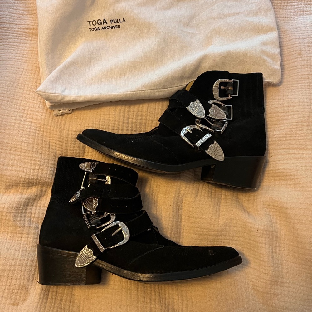 TOGA Pulla Black Suede Western Buckle Ankle Booties